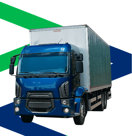 Transportador sorridente com elementos gráficos da Transdesk ao fundo